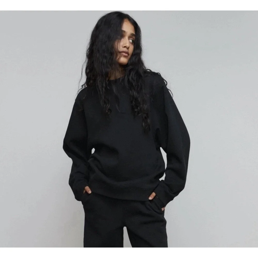 Lunya Woman's Cozy Fleece‎ Crewneck Sweatshirt M Black Loungewear Travel